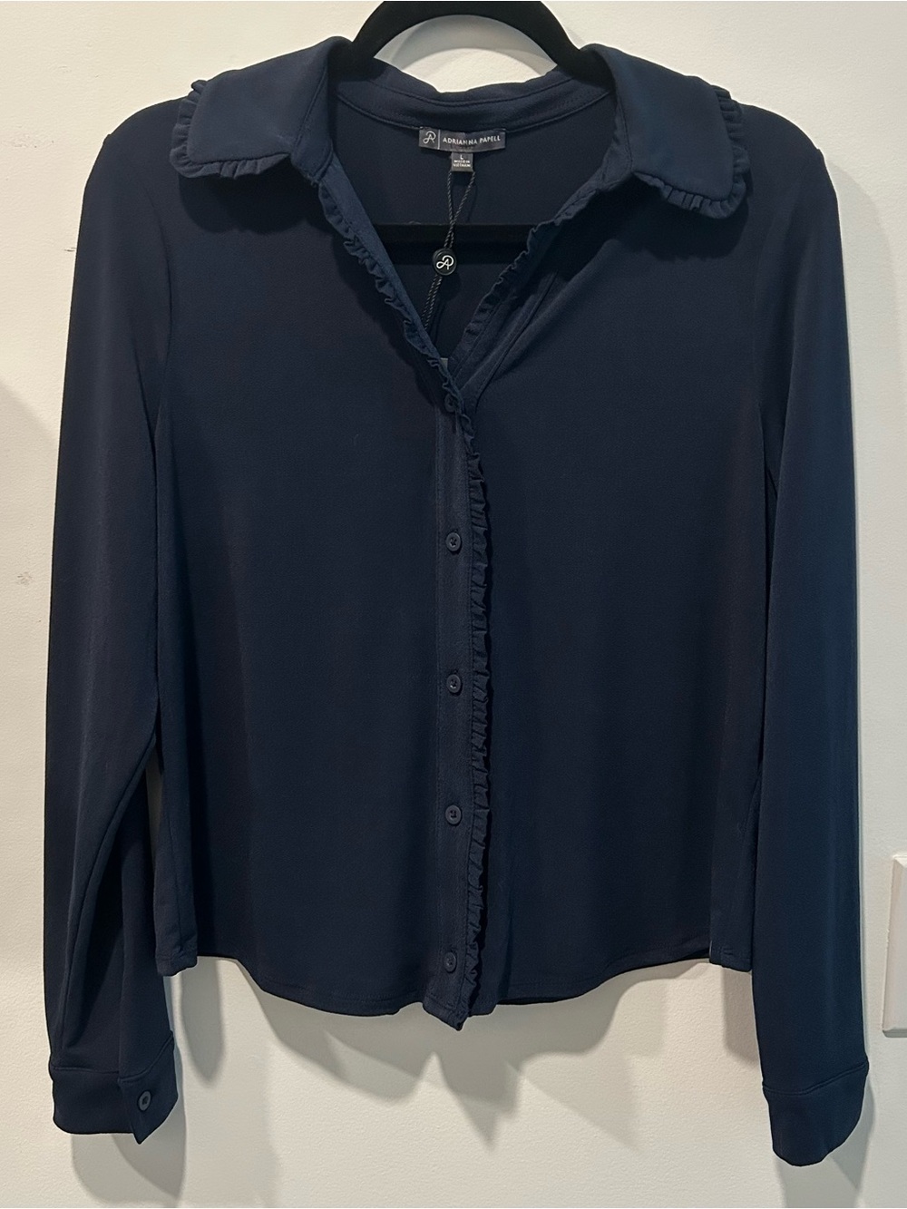 Adrianna Papell Navy Ruffle-Trim Button-Front Blouse